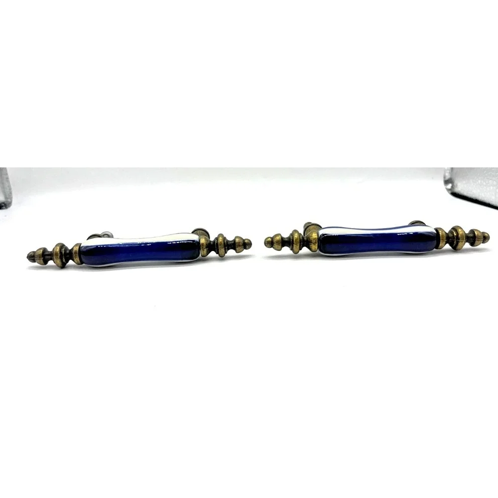 Vintage Drawer Cabinet Door Pulls Blue & White Ceramic Brass Metal Set Lot 2